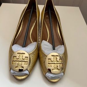 Tory Burch gold leather low heel wedge